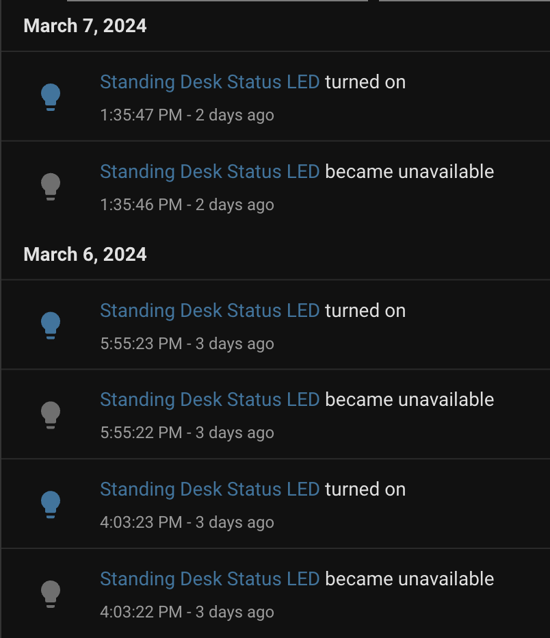 Status LED entity becoming unavailable intermittently in Home Assistant logbook